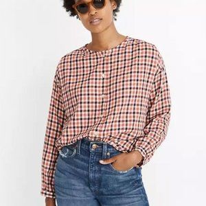Madewell Meadow Check Orange Brown Plaid Button Down Long Sleeve Flannel Shirt